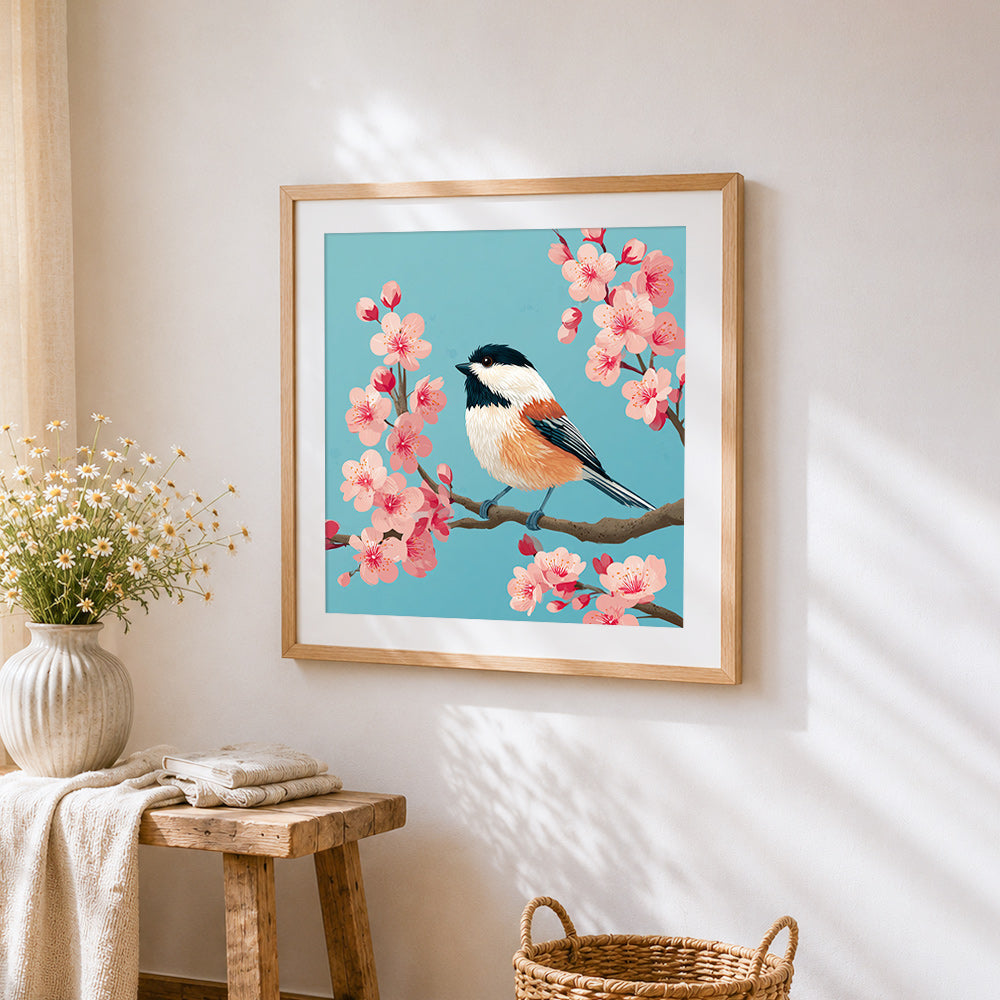 Cute chickadee on cherry blossom branch cross stitch artwork displayed on wall as home decor