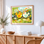 Cute chickens in the flower bushes cross stitch artwork displayed on wall as home decor