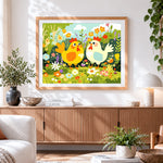 Finished cute chickens in the flower bushes paint by numbers artwork displayed as home decor