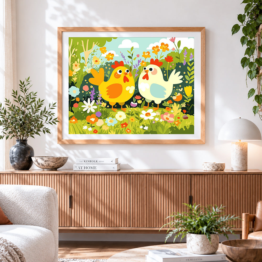Finished cute chickens in the flower bushes paint by numbers artwork displayed as home decor