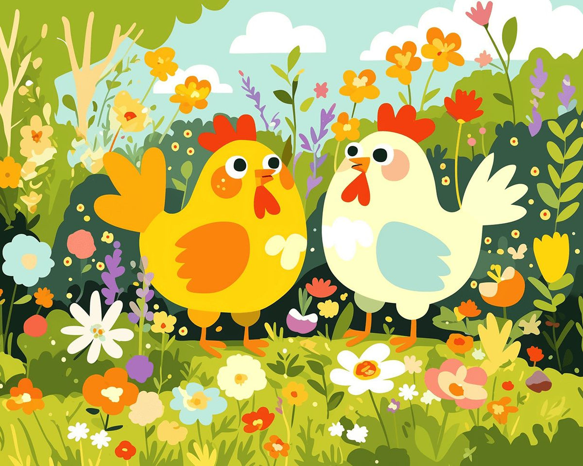 Cute chickens in the flower bushes paint by numbers kit for beginners