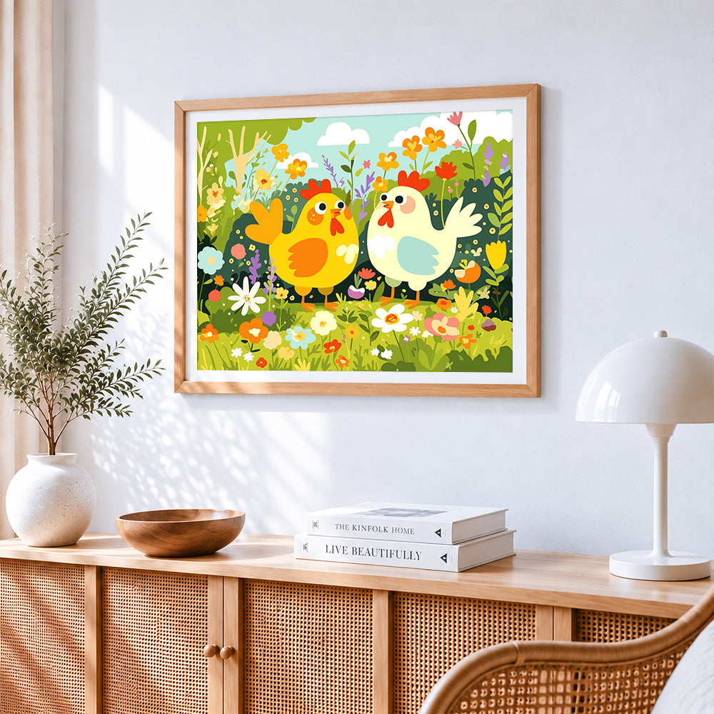 Cute chickens in the flower bushes paint by numbers artwork displayed on wall as home decor