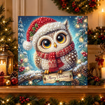 Finished cute christmas owl pearl diamond painting artwork displayed as holiday home decor
