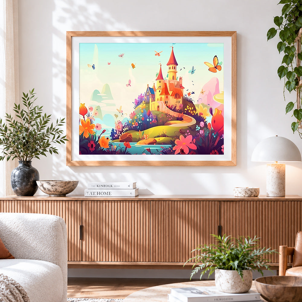 Finished cute colourful castle on a hill cross stitch artwork displayed