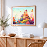 Cute colourful castle on a hill cross stitch artwork displayed on wall as home decor