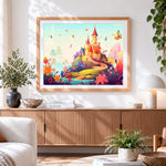 Finished cute colourful castle on a hill paint by numbers artwork displayed as home decor