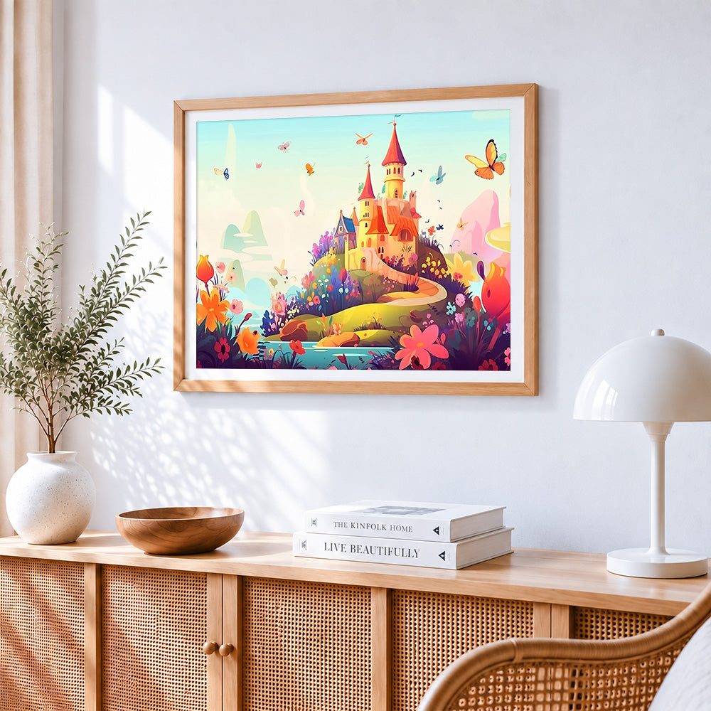 Cute colourful castle on a hill paint by numbers artwork displayed on wall as home decor
