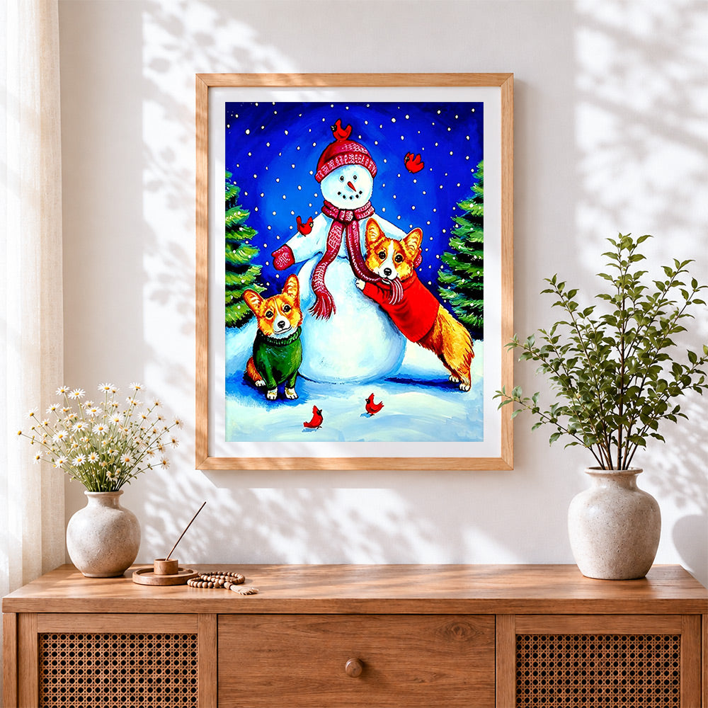 Finished cute corgi dogs and snowman cross stitch artwork displayed