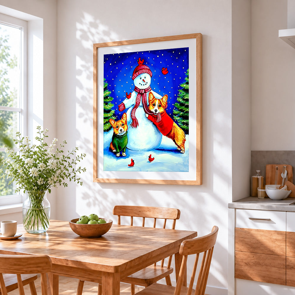 Cute corgi dogs and snowman cross stitch artwork displayed on wall as home decor