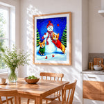Cute corgi dogs and snowman cross stitch artwork displayed on wall as home decor