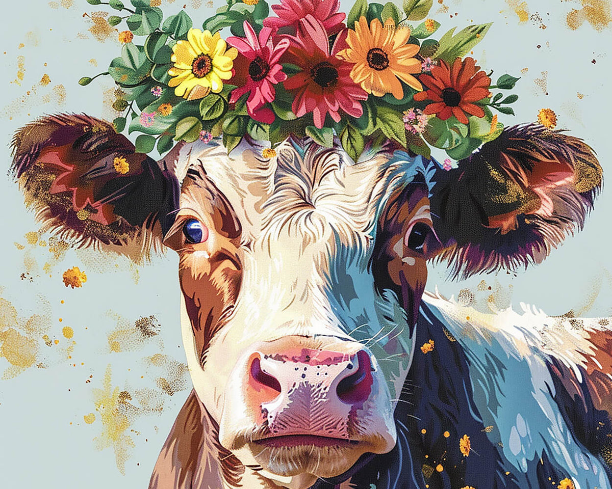 Cute cow with a floral crown cross stitch kit for beginners
