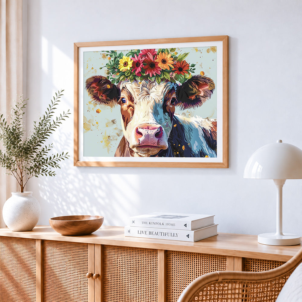 Cute cow with a floral crown cross stitch artwork displayed on wall as home decor