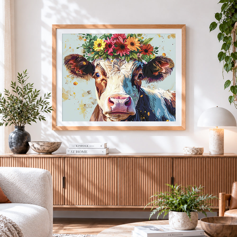 Finished cute cow with a floral crown paint by numbers artwork displayed as home decor
