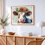 Cute cow with a floral crown paint by numbers artwork displayed on wall as home decor