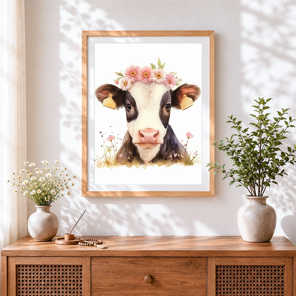 Finished cute cow with flower crown cross stitch artwork displayed