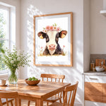 Cute cow with flower crown cross stitch artwork displayed on wall as home decor