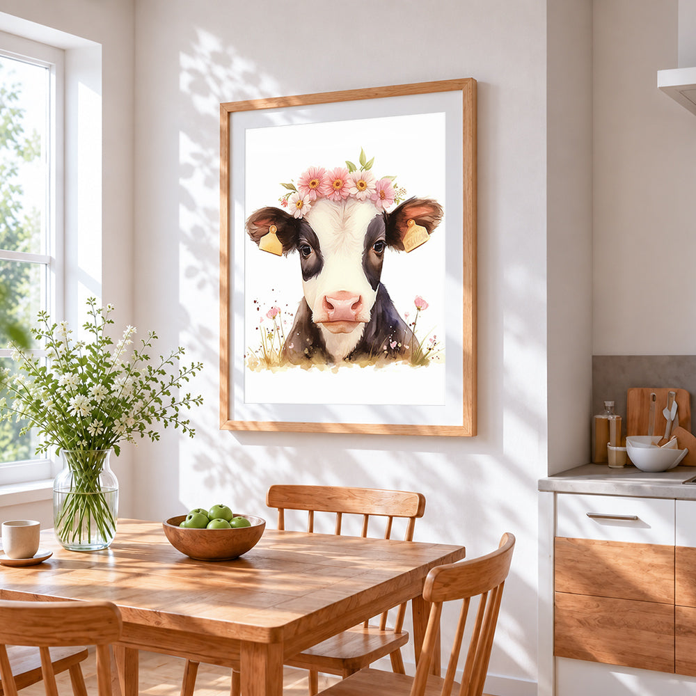 Cute cow with flower crown cross stitch artwork displayed on wall as home decor