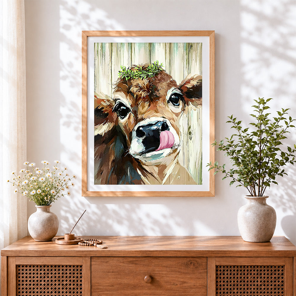 Finished cute cow with tongue out cross stitch artwork displayed