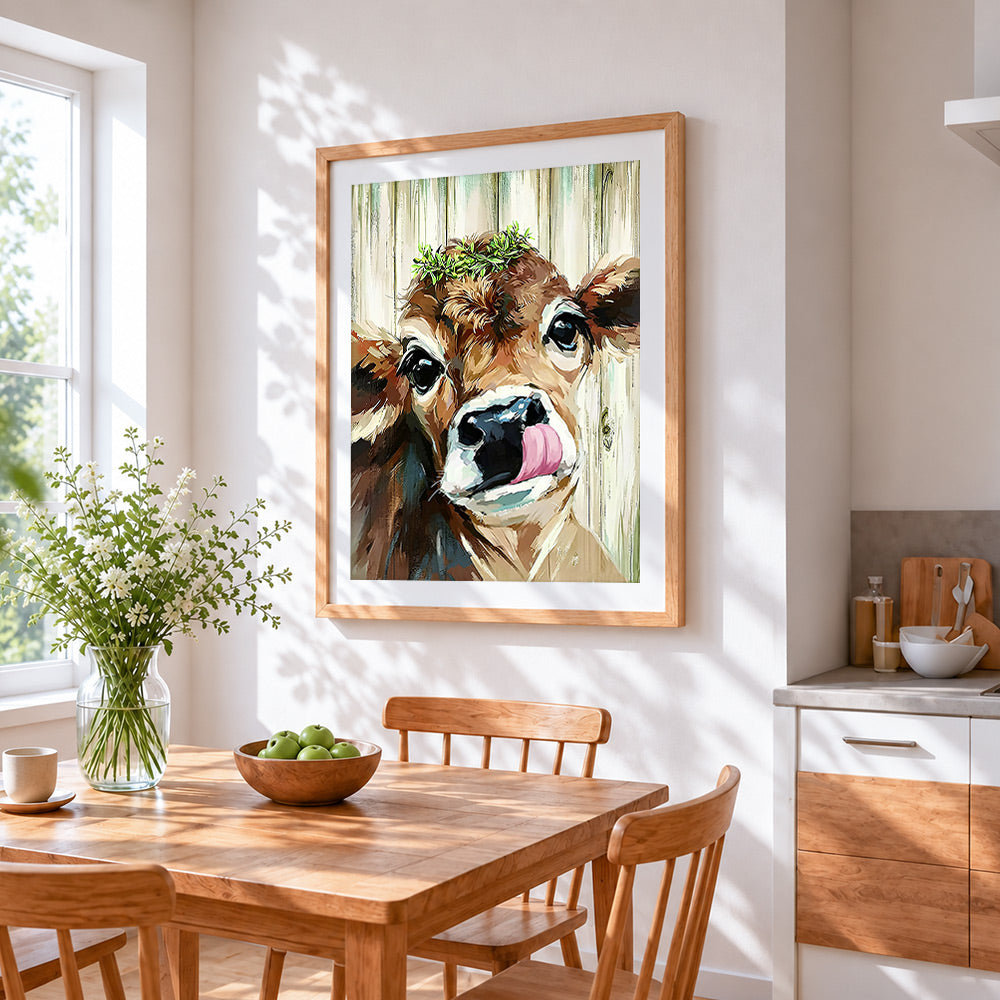 Cute cow with tongue out paint by numbers artwork displayed on wall as home decor