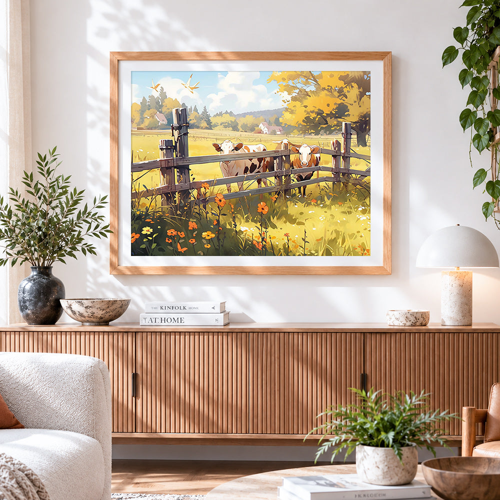Finished cute cows behind a rustic fence cross stitch artwork displayed