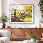 Finished cute cows behind a rustic fence paint by numbers artwork displayed as home decor
