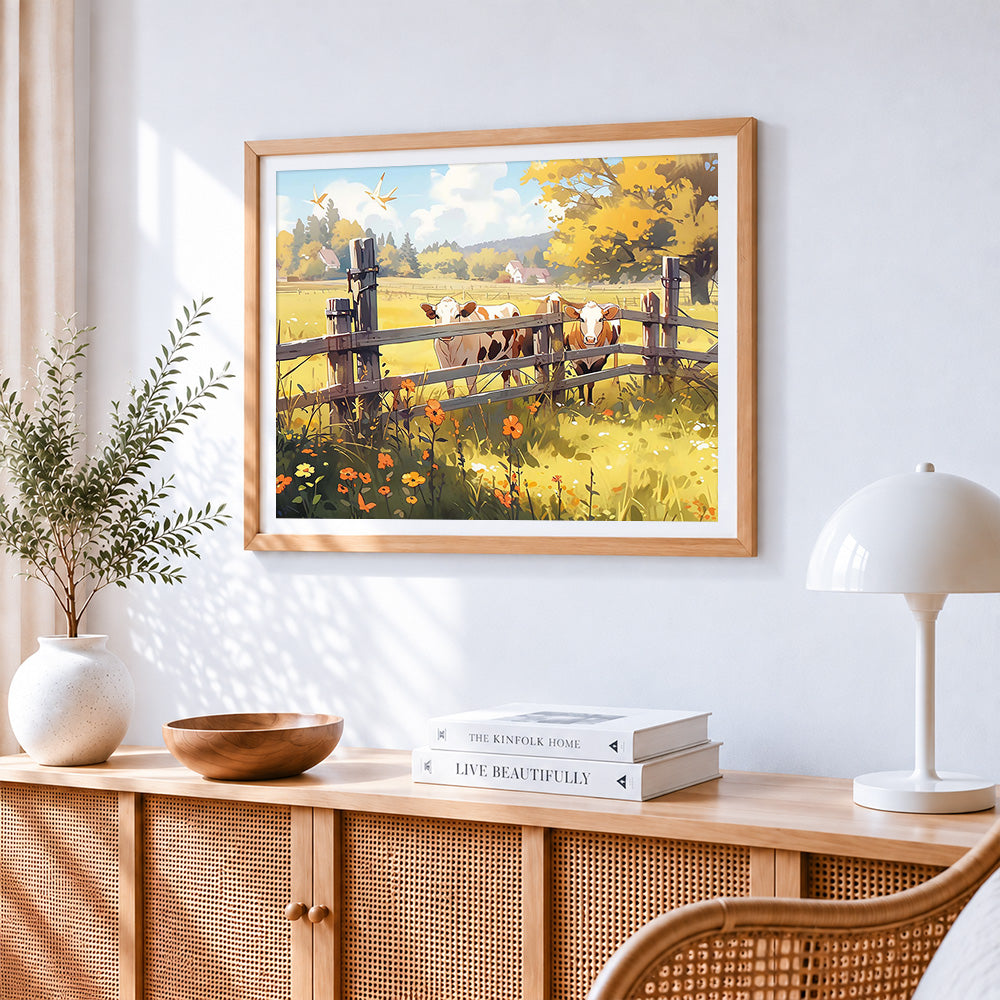 Cute cows behind a rustic fence paint by numbers artwork displayed on wall as home decor