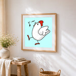 Cute dancing chicken with music notes cross stitch artwork displayed on wall as home decor