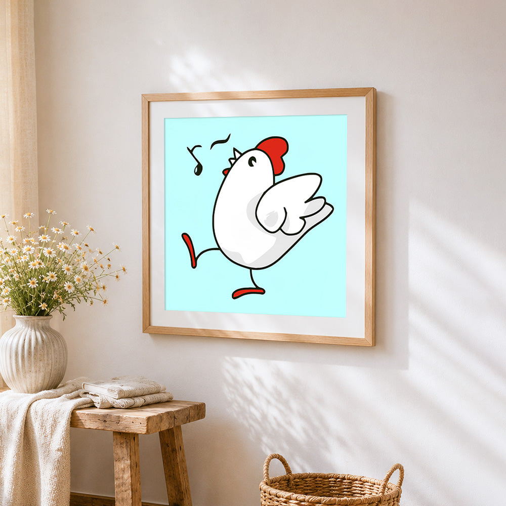 Cute dancing chicken with music notes cross stitch artwork displayed on wall as home decor