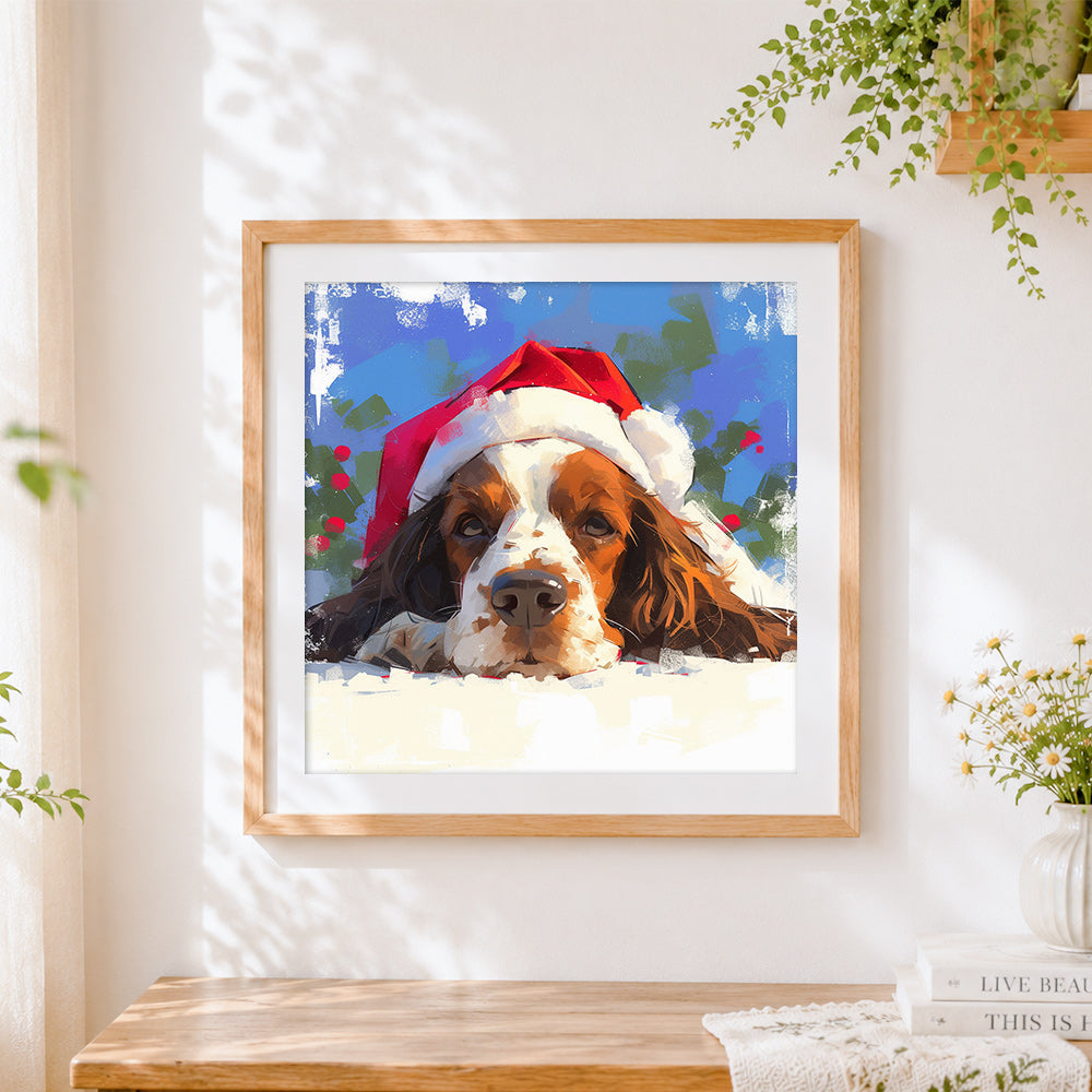 Finished cute dog in a santa hat cross stitch artwork displayed