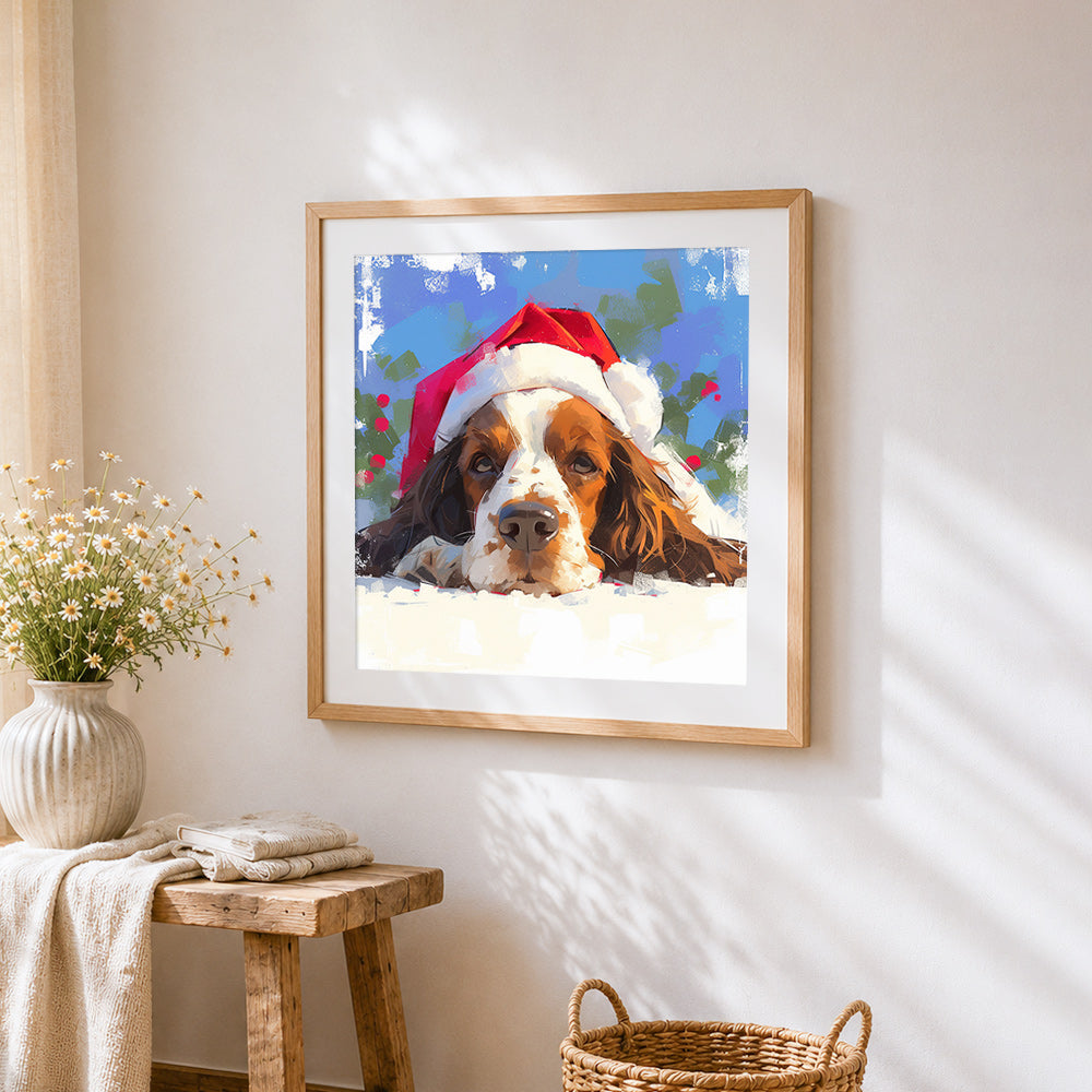 Cute dog in a santa hat cross stitch artwork displayed on wall as home decor