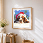 Cute dog in a santa hat cross stitch artwork displayed on wall as home decor