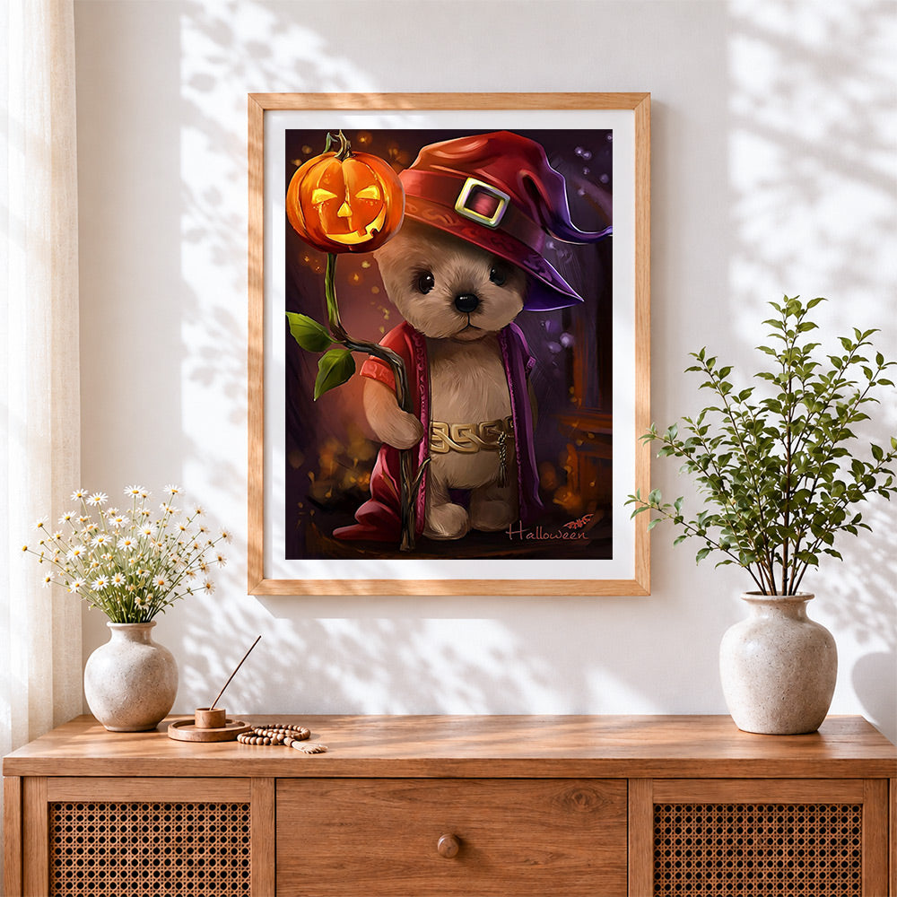 Finished cute dog in a witch hat with jack-o'-lantern cross stitch artwork displayed