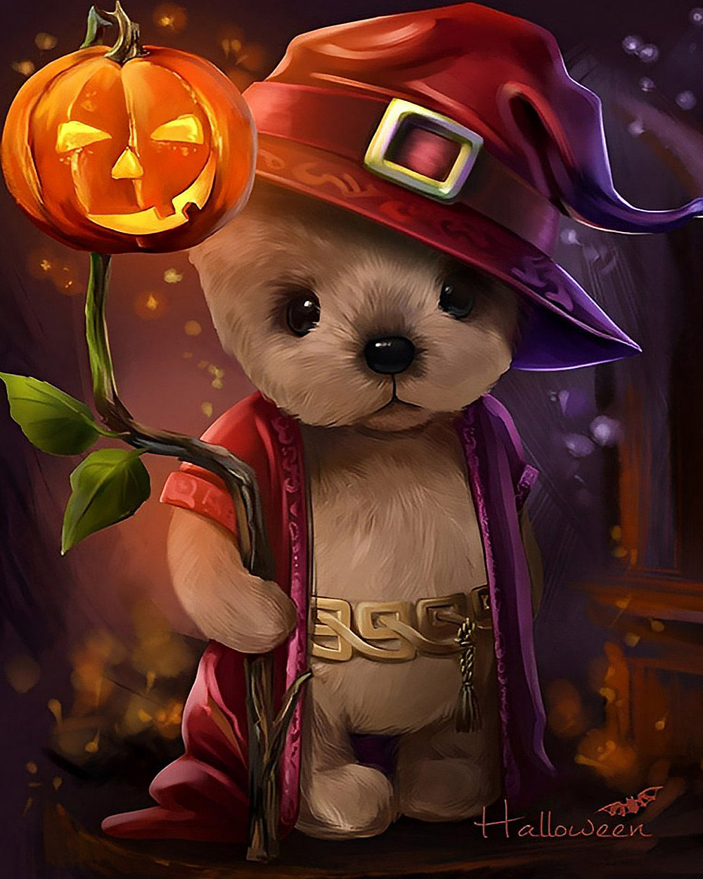 Cute dog in a witch hat with jack-o'-lantern cross stitch kit for beginners