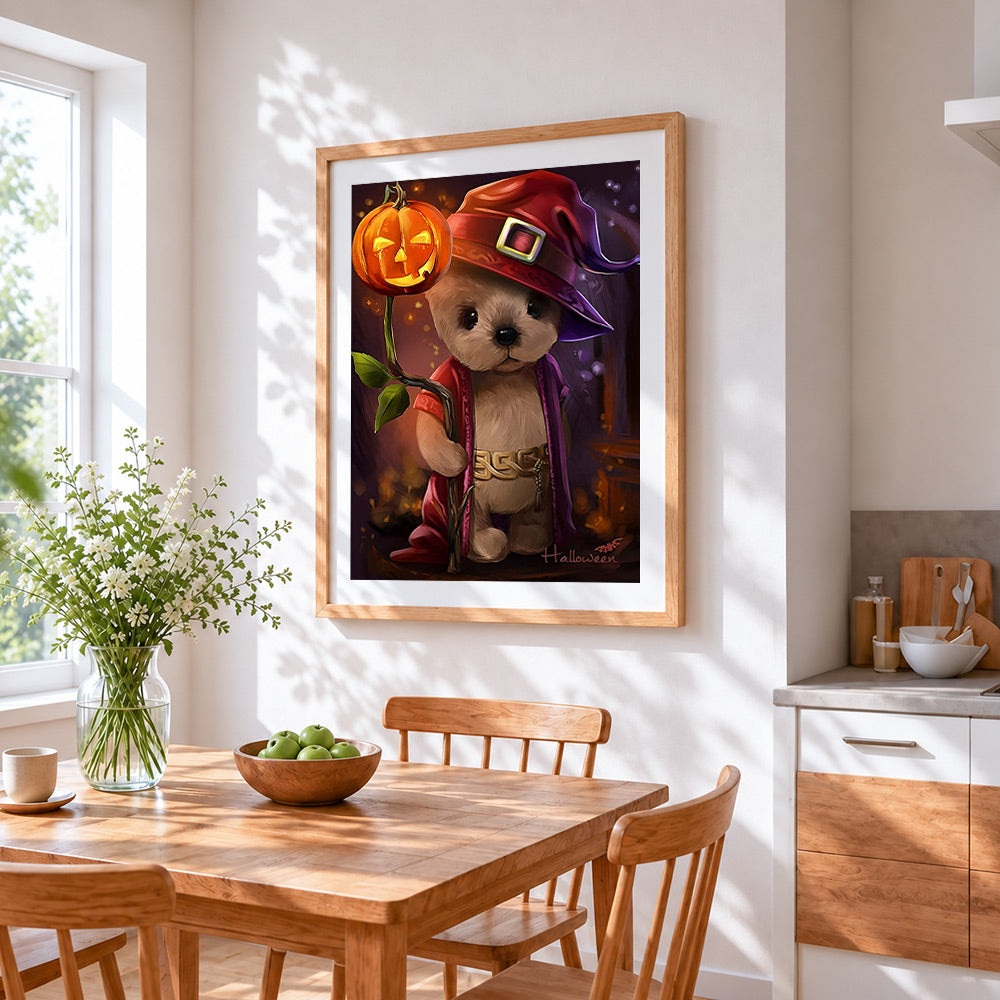 Cute dog in a witch hat with jack-o'-lantern cross stitch artwork displayed on wall as home decor
