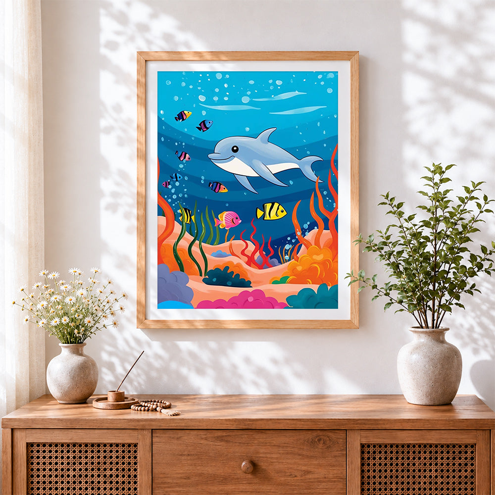 Finished cute dolphin and colourful fish cross stitch artwork displayed