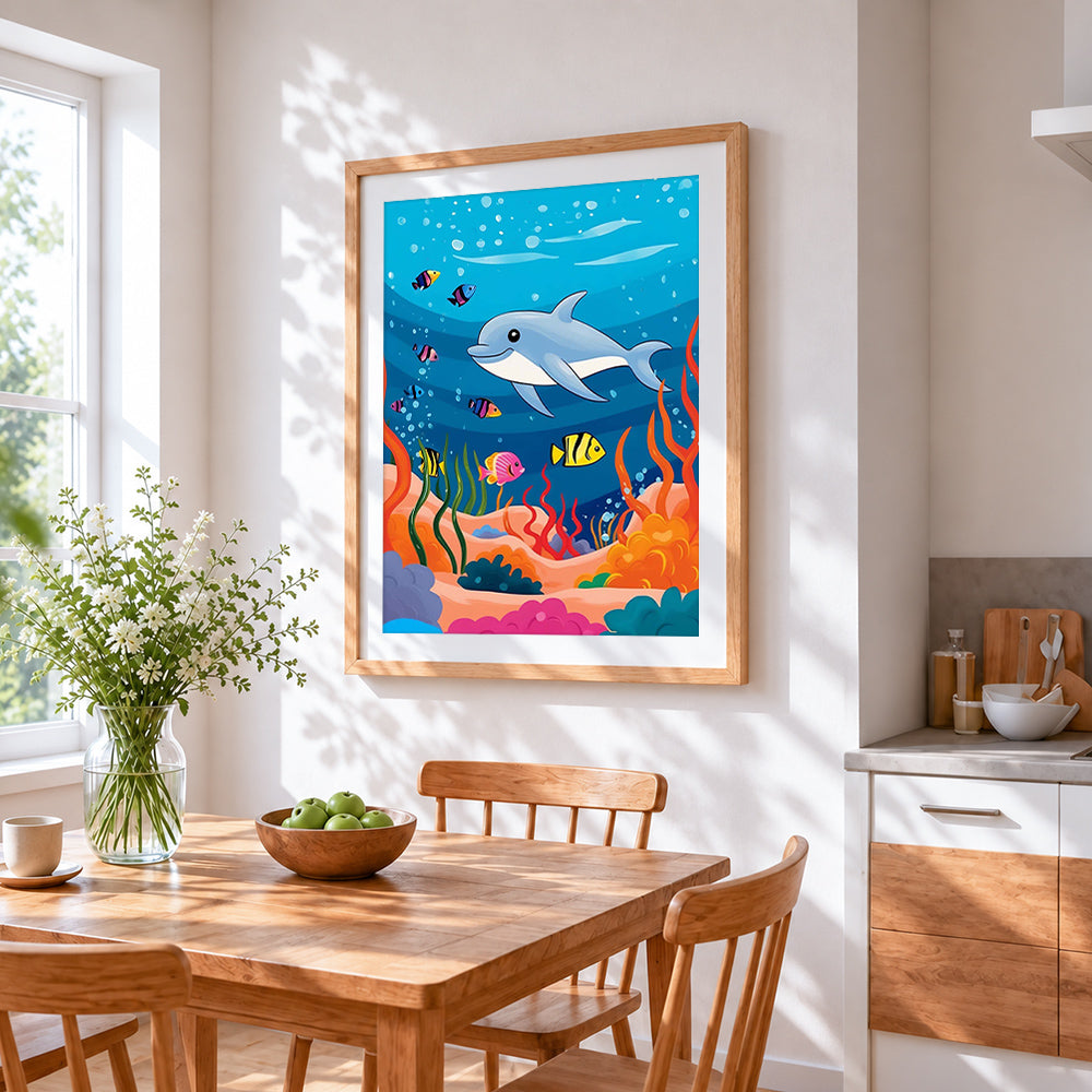 Cute dolphin and colourful fish cross stitch artwork displayed on wall as home decor