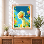 Finished cute duckling in a floral garden cross stitch artwork displayed