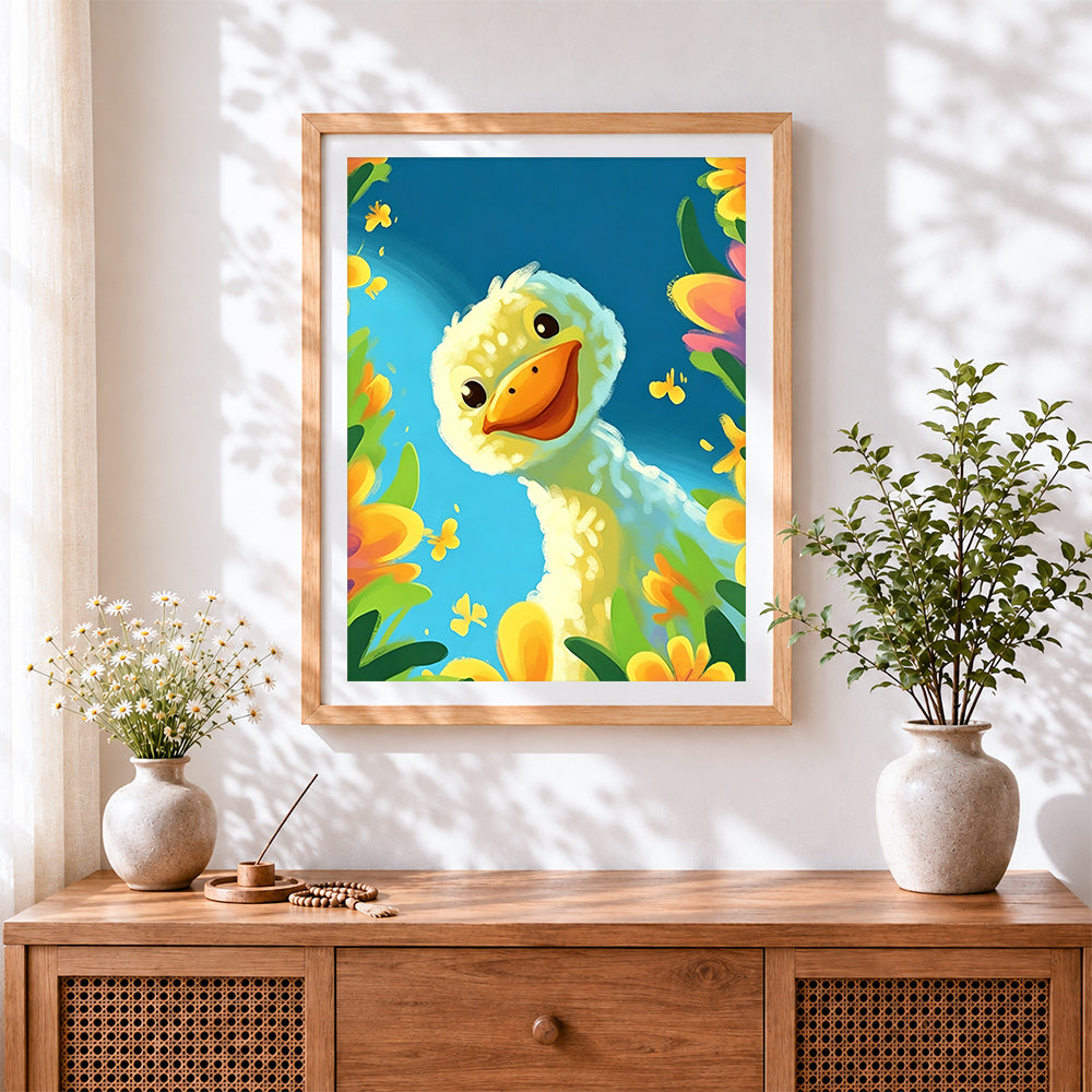 Finished cute duckling in a floral garden cross stitch artwork displayed