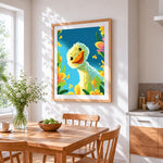Cute duckling in a floral garden cross stitch artwork displayed on wall as home decor