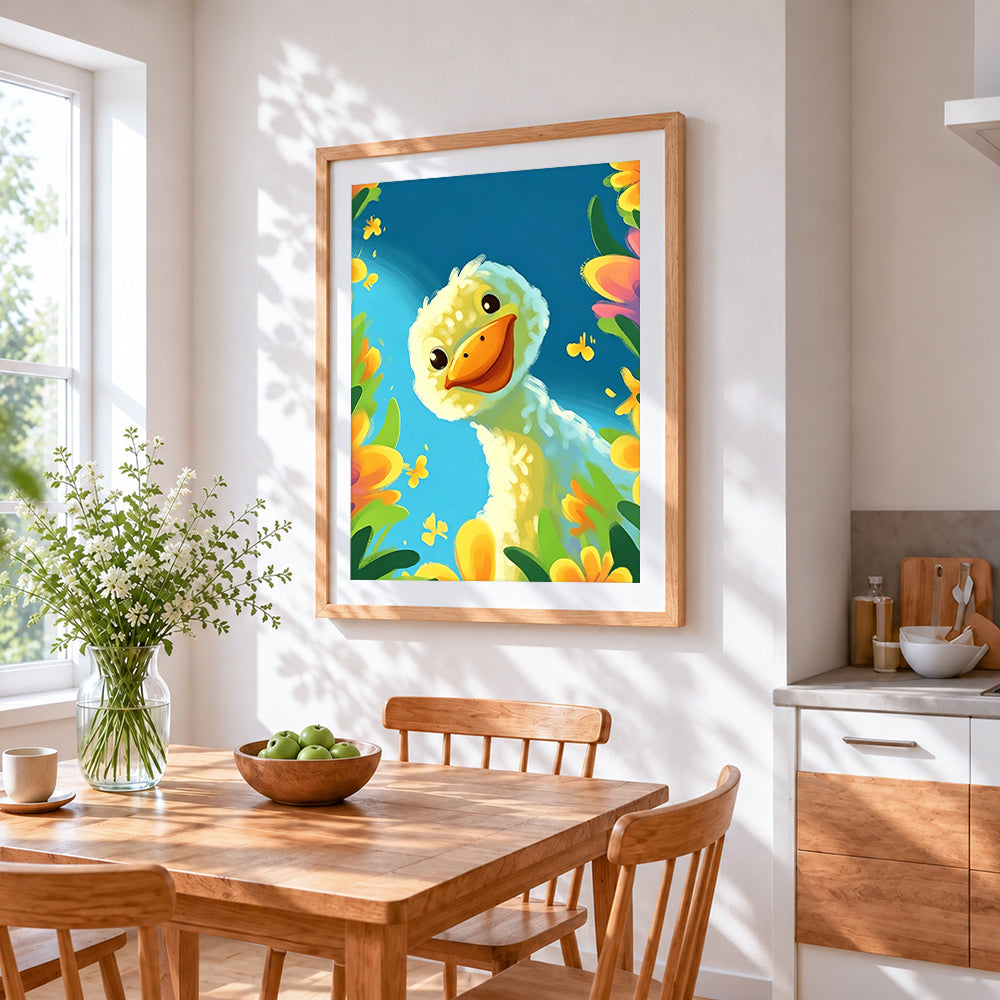Cute duckling in a floral garden cross stitch artwork displayed on wall as home decor