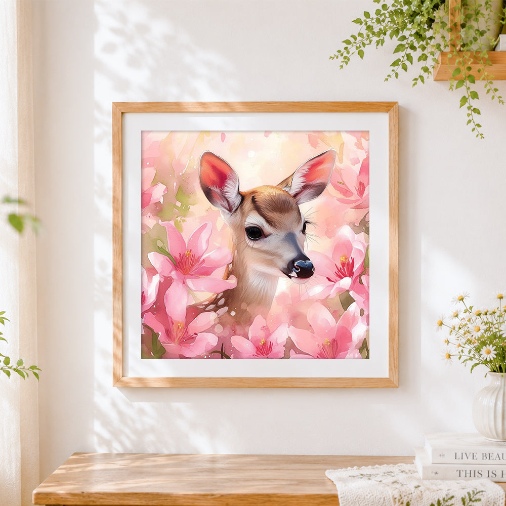 Finished cute fawn in pink blossoms cross stitch artwork displayed