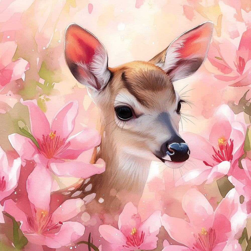 Cute fawn in pink blossoms cross stitch kit for beginners
