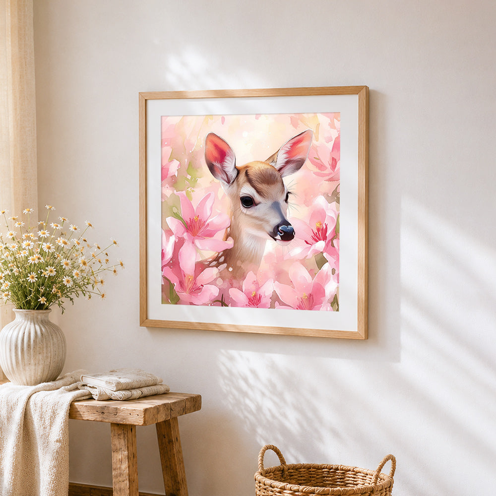 Cute fawn in pink blossoms cross stitch artwork displayed on wall as home decor
