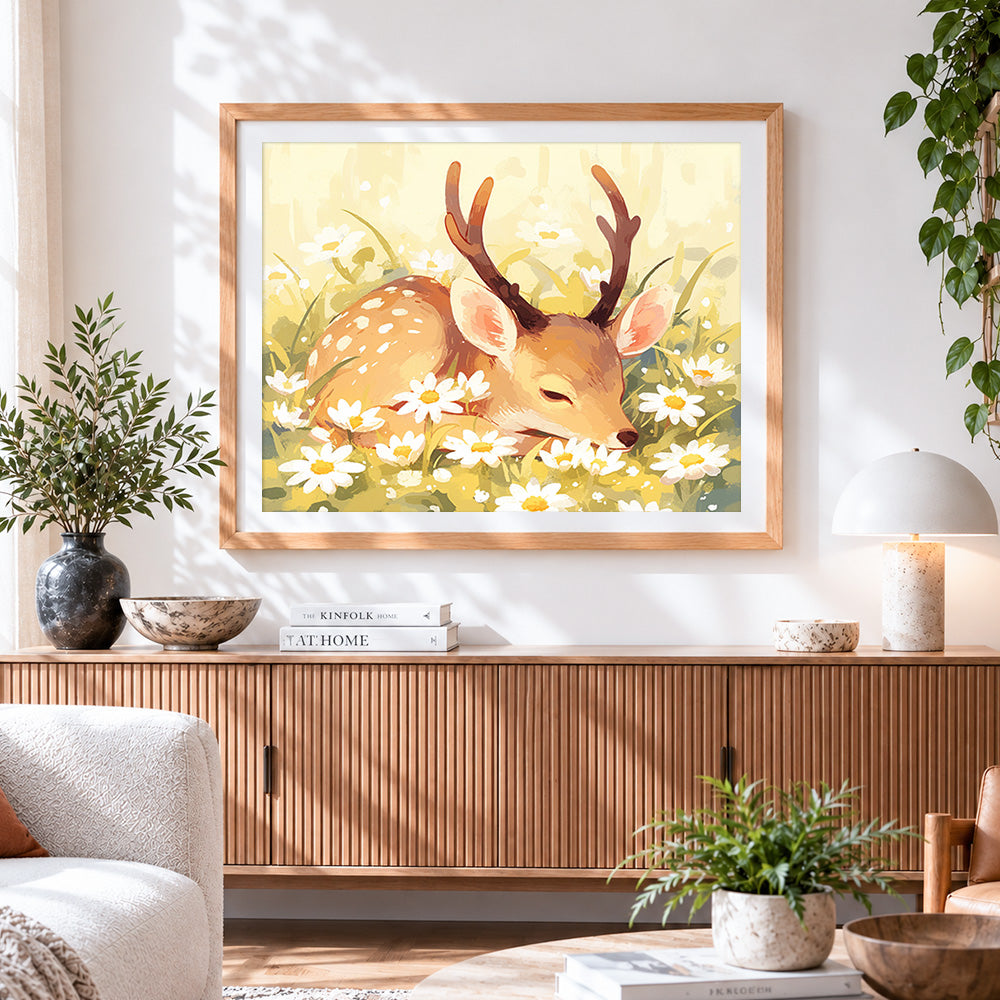 Finished cute fawn sleeping in a daisy field cross stitch artwork displayed