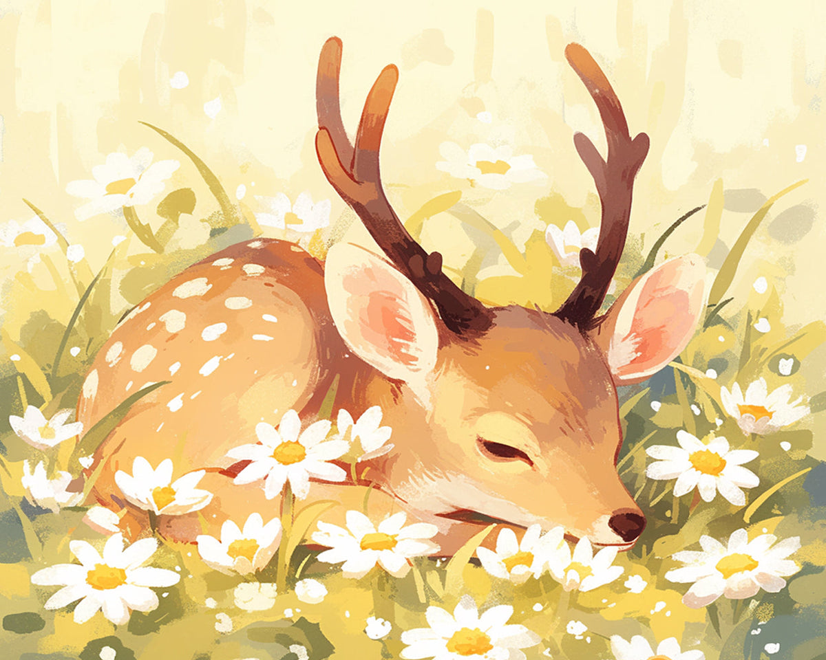Cute fawn sleeping in a daisy field cross stitch kit for beginners