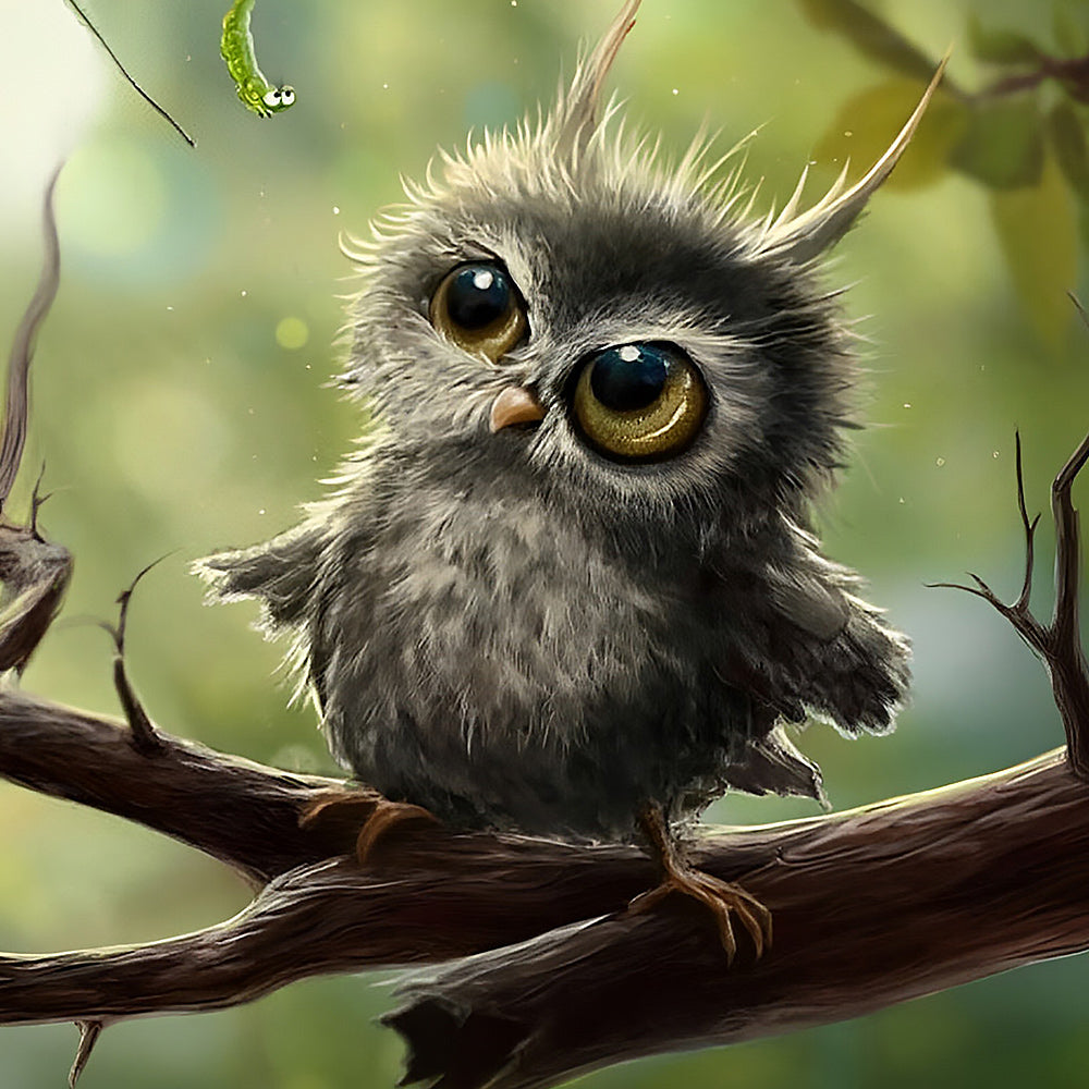 Cute fluffy owl chick with caterpillar cross stitch kit for beginners