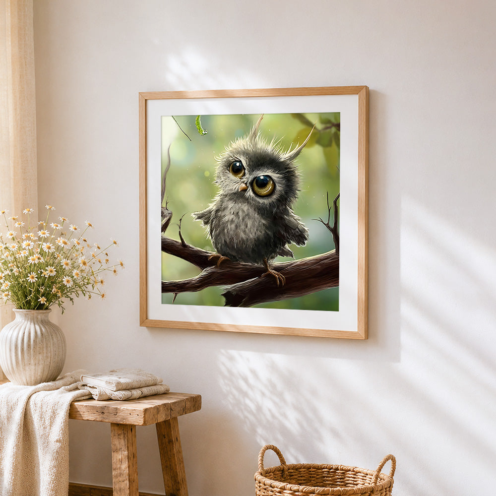 Cute fluffy owl chick with caterpillar cross stitch artwork displayed on wall as home decor