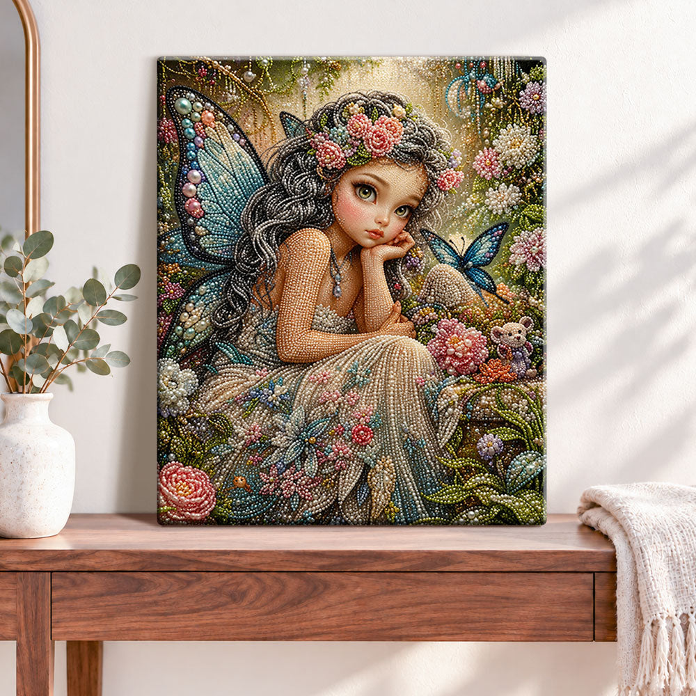 Finished cute forest butterfly fairy pearl diamond painting artwork displayed as home decor