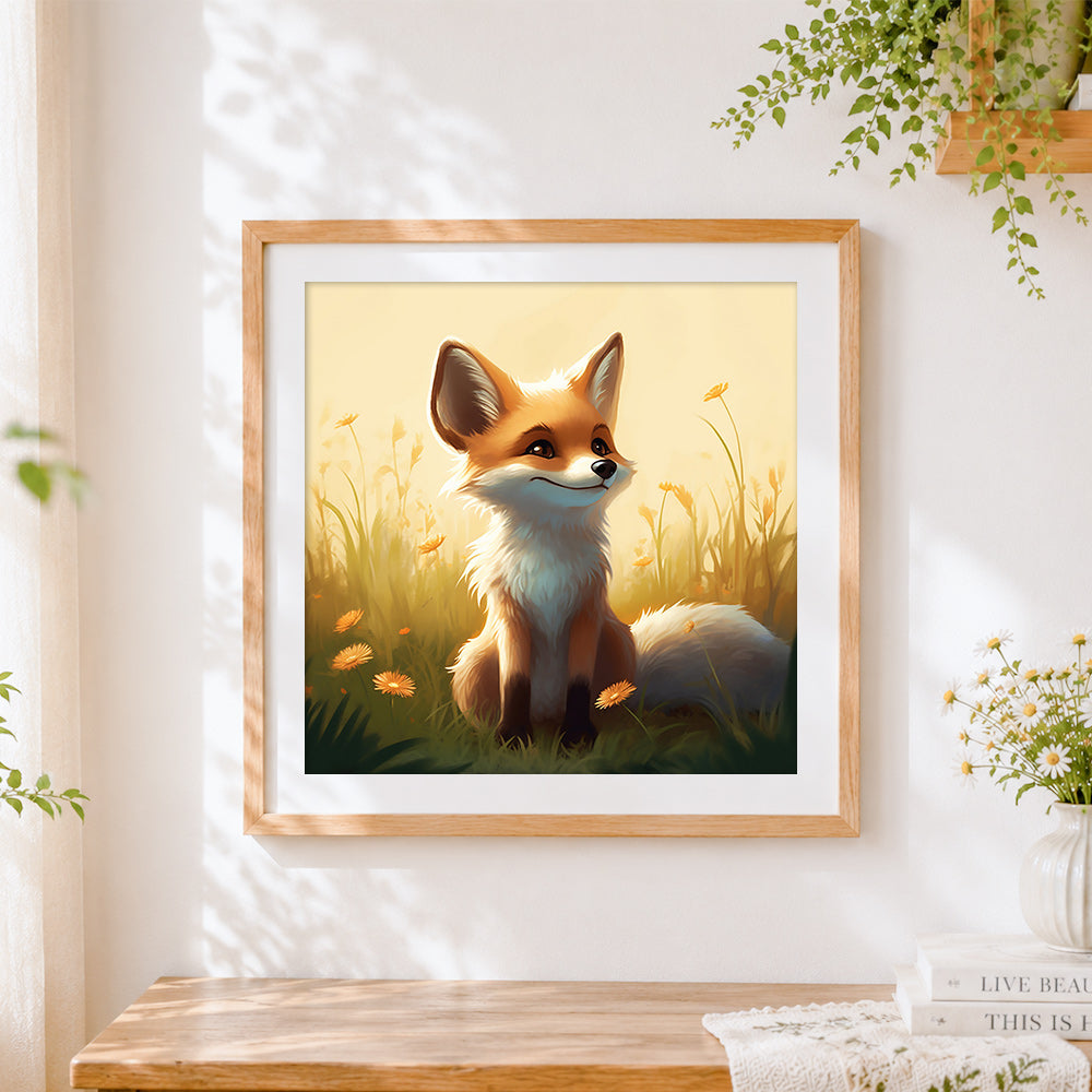 Finished cute fox in a sunlit meadow cross stitch artwork displayed