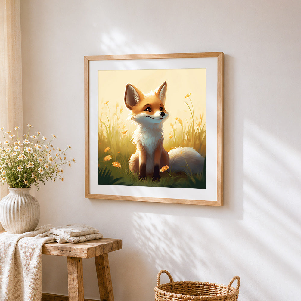 Cute fox in a sunlit meadow cross stitch artwork displayed on wall as home decor